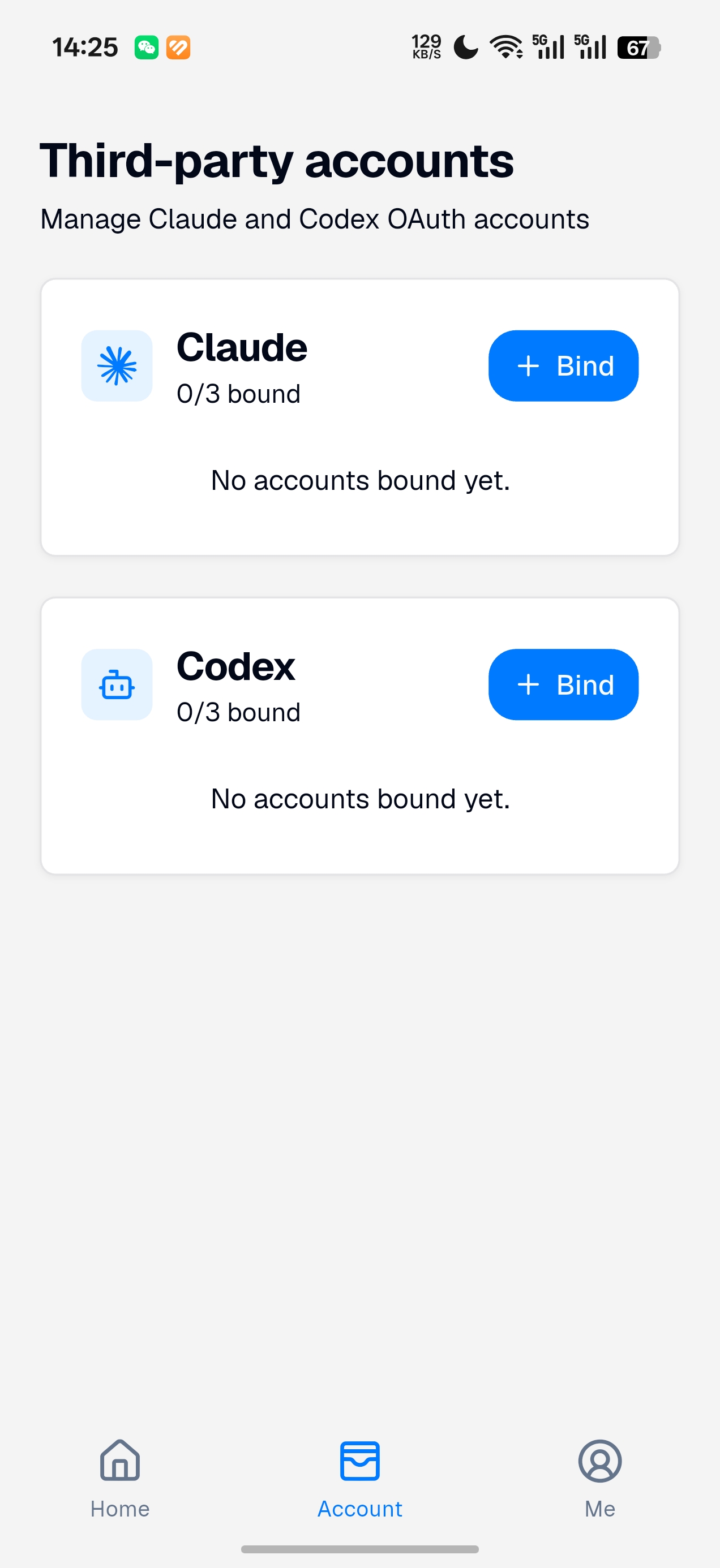 Third-party accounts screen showing Claude and Codex with Bind buttons