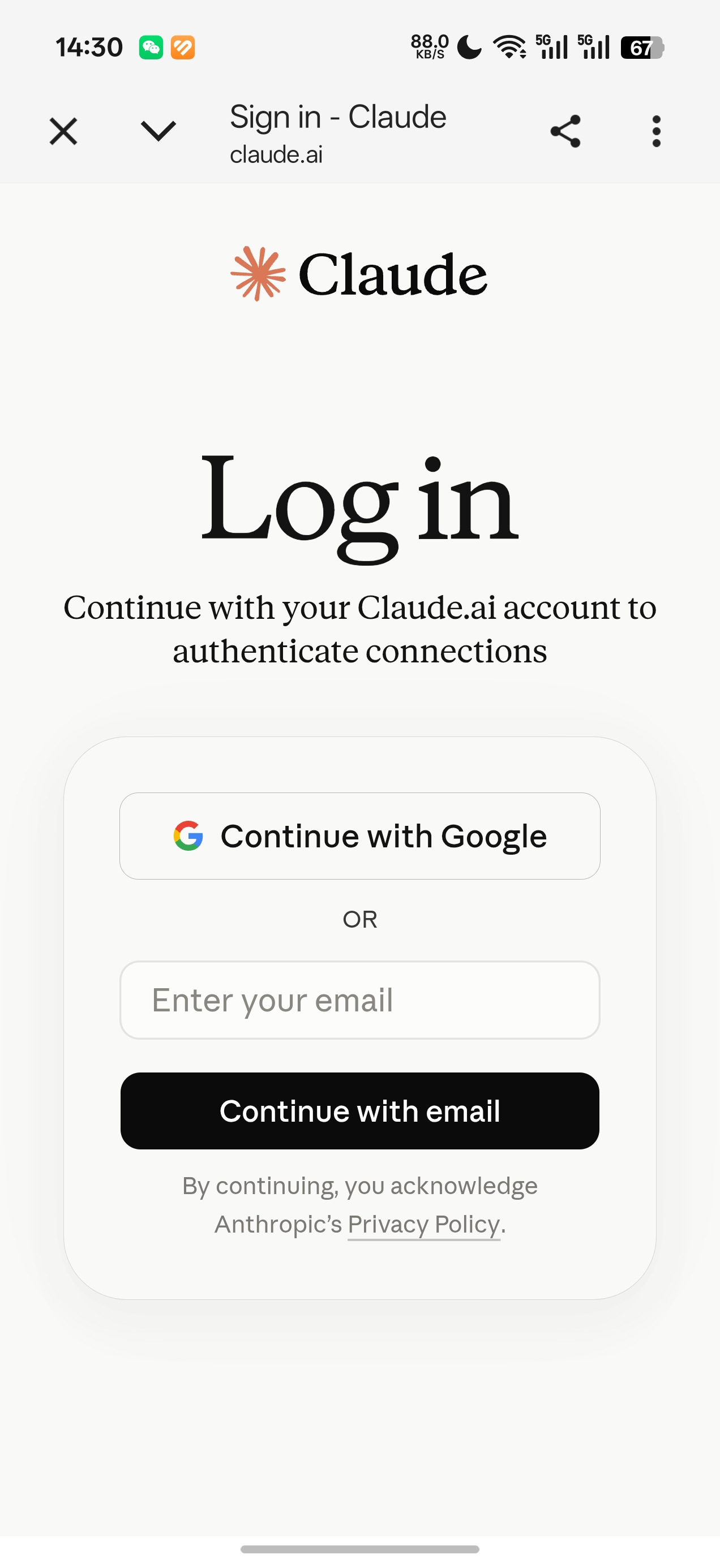 Claude.ai login page opened for authorization